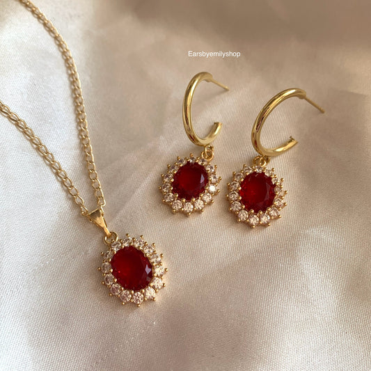 Gold plated red oval crystal with diamanté necklace, earrings or jewellery set