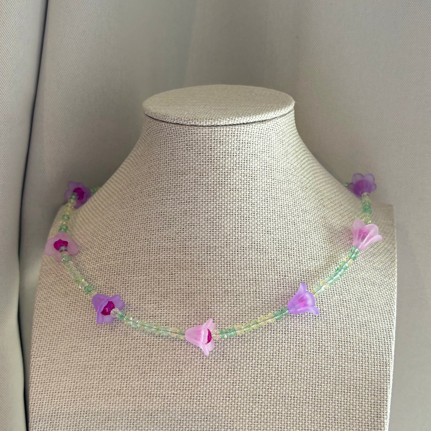 Handmade beaded pink purple and green flower choker necklace