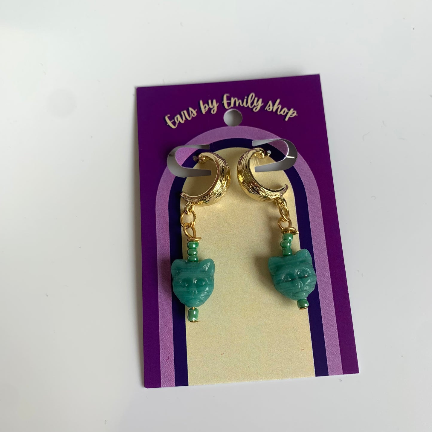 Gold plated green cat handmade drop dangle earrings