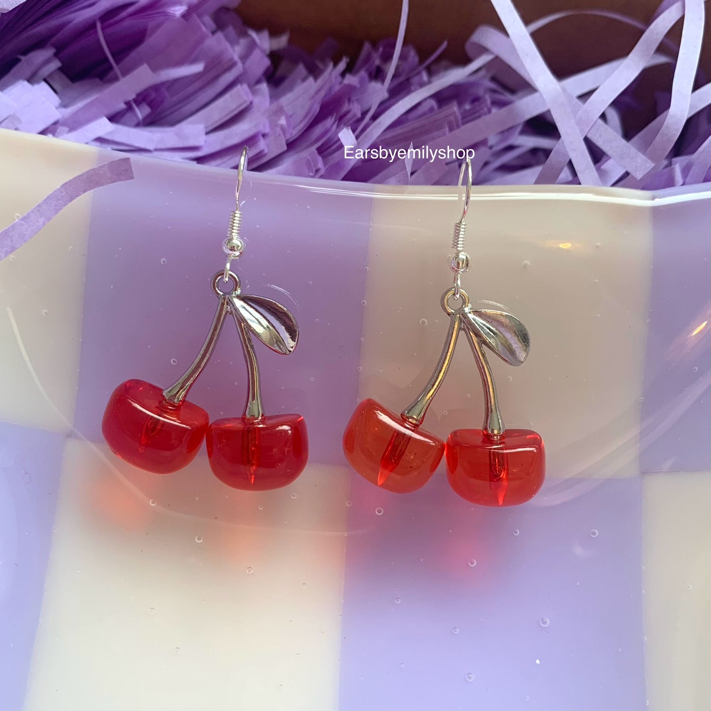 3D red pink cherry statement silver earrings