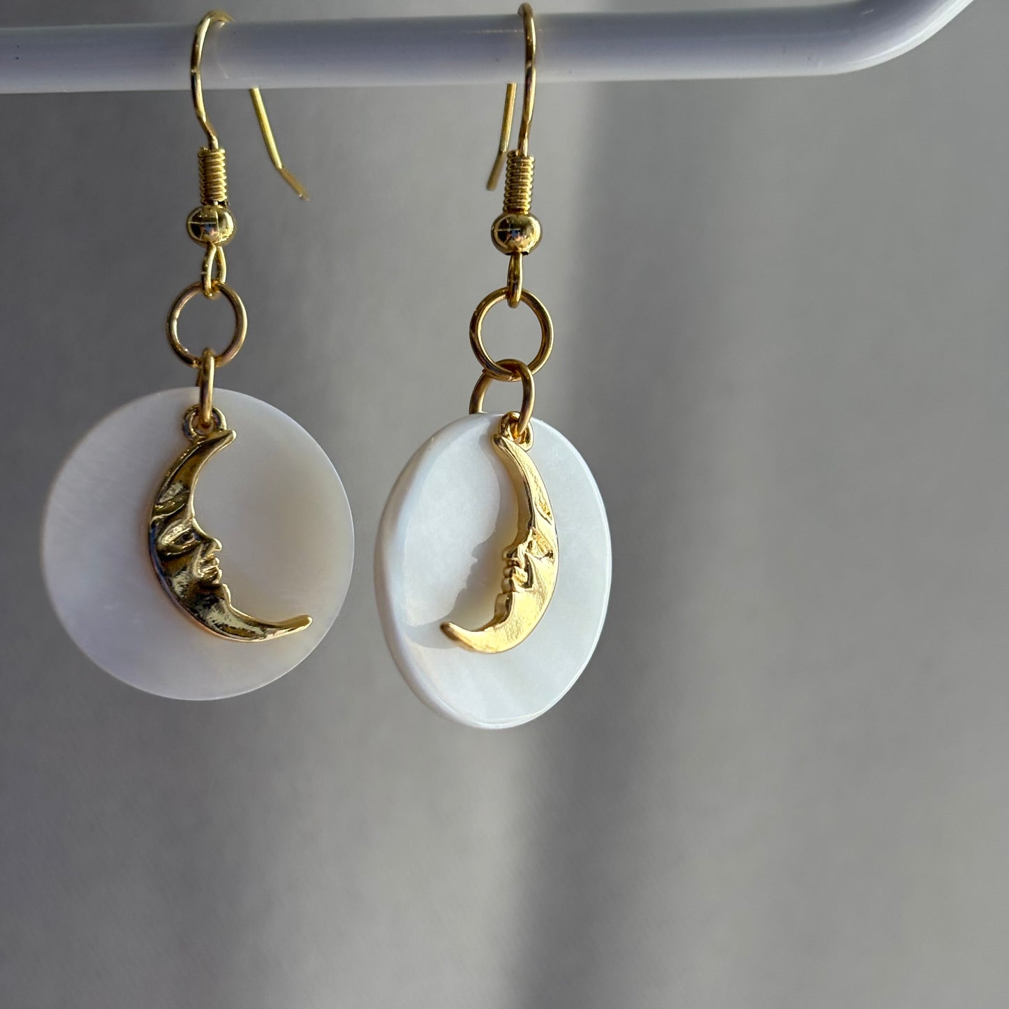 18k Gold plated moon face on shell disc earrings