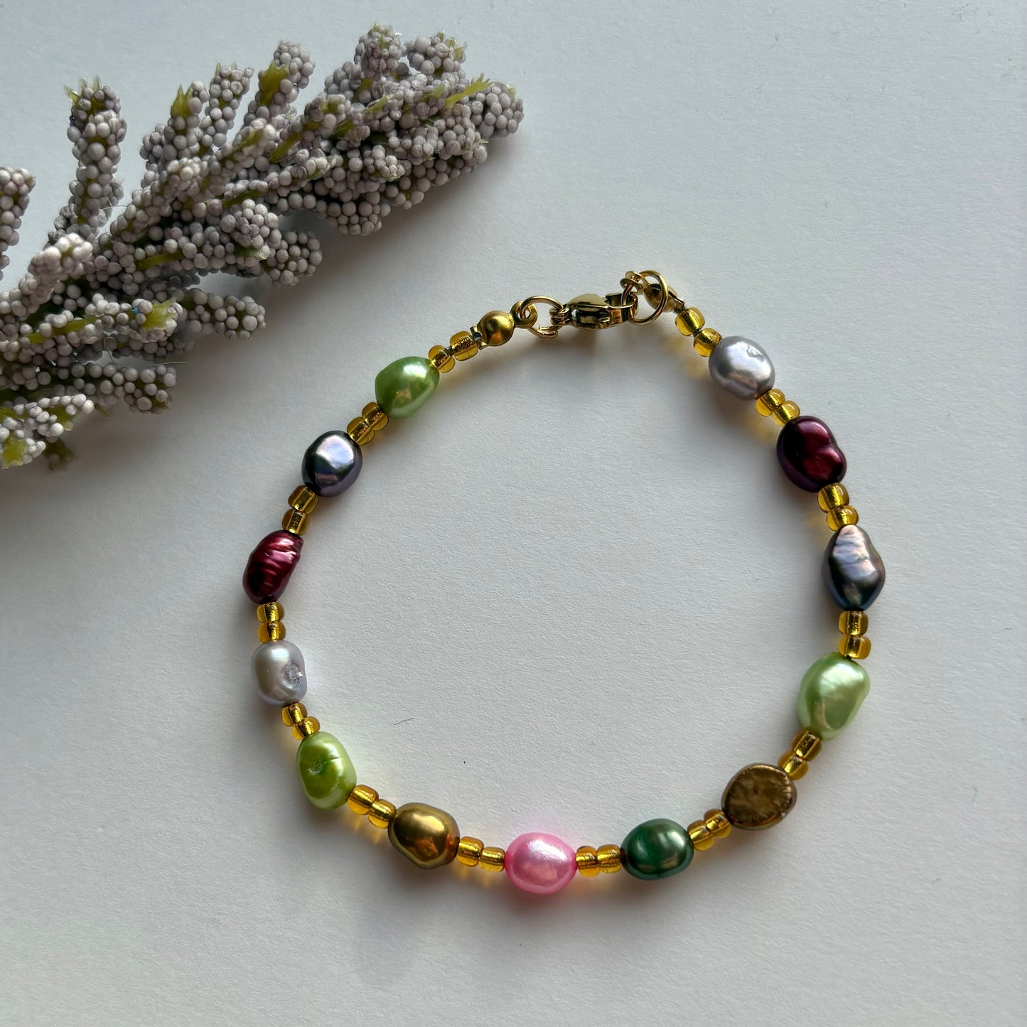 The Nerida bracelet - colourful fresh water pearls handmade beaded gold plated