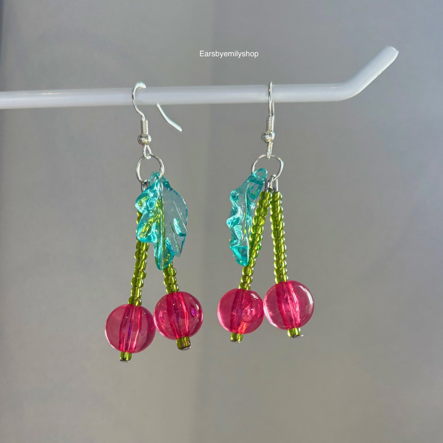 Handmade red and green beaded cherry silver dangle earrings