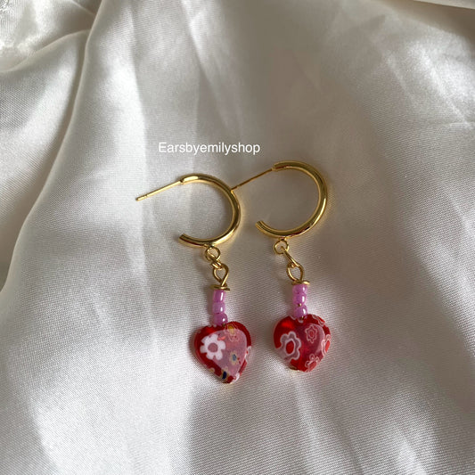 Cool gold handmade pink and red heart studs hoop earrings