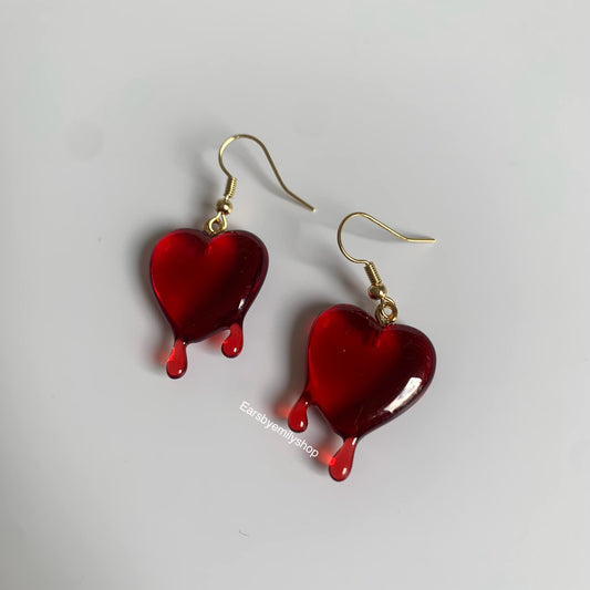 Dark red dripping heart gold earrings