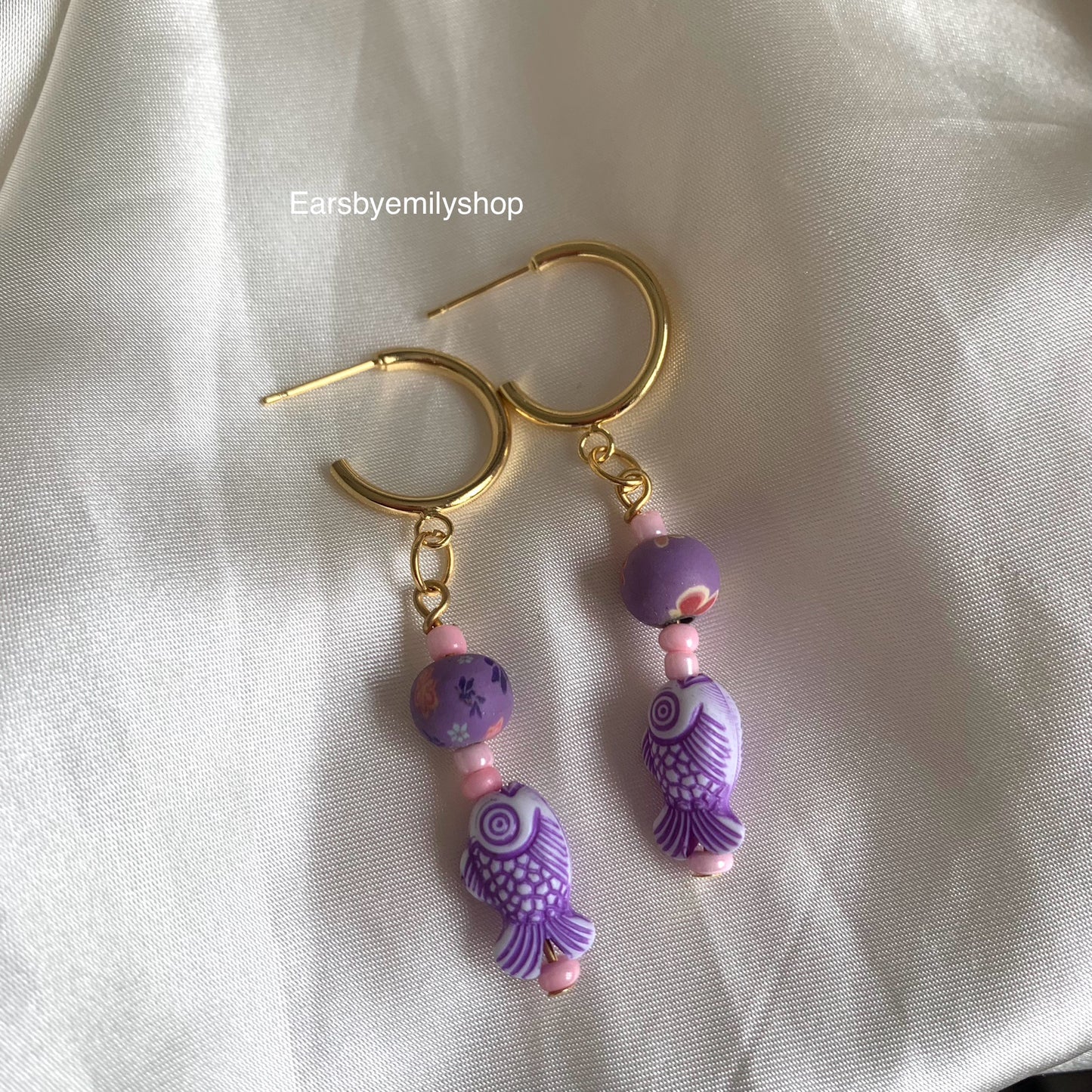 Cool gold handmade purple fish and pink bead studs hoop earrings