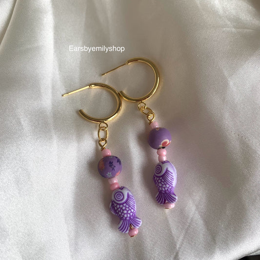 Cool gold handmade purple fish and pink bead studs hoop earrings