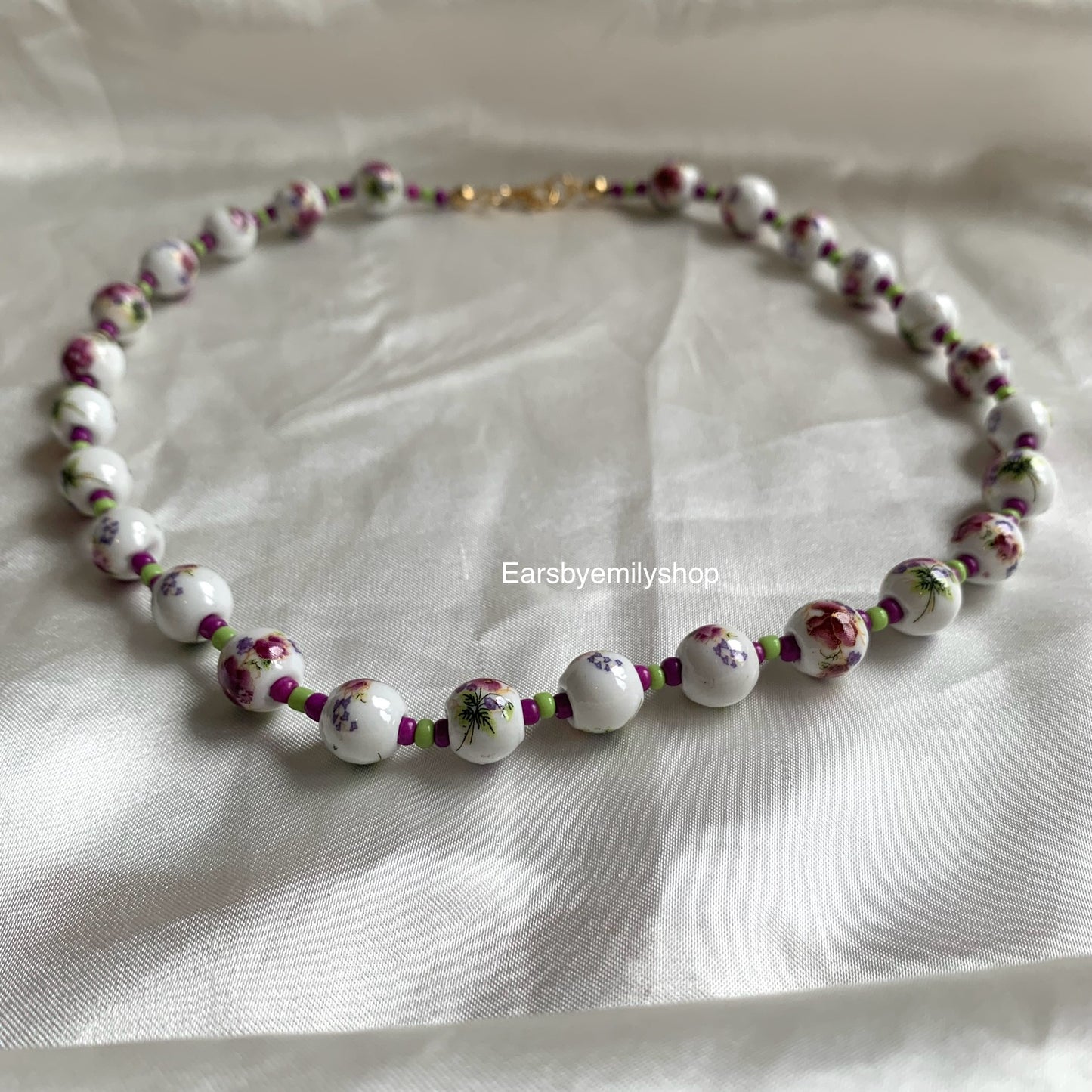 Purple, green and white ceramic beaded 24kt gold plated necklace