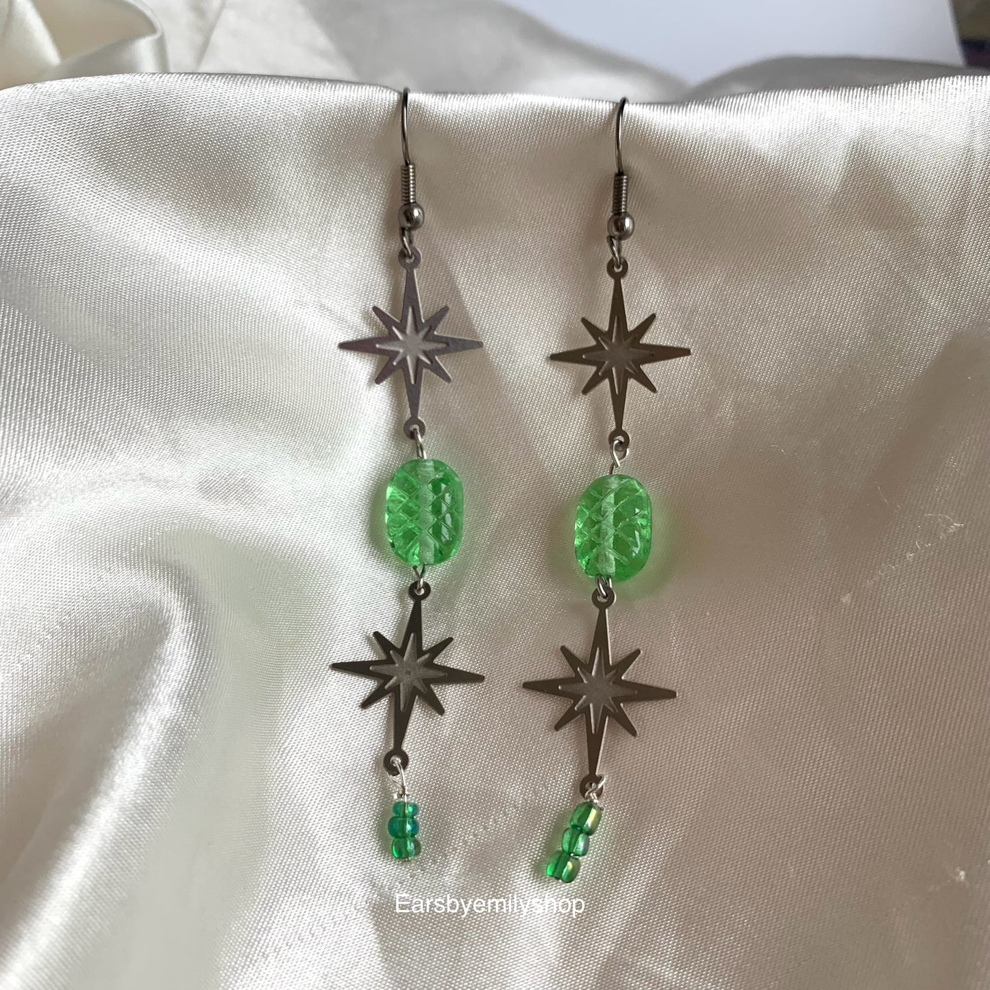 Stainless steel star and green bead statement dangle earrings