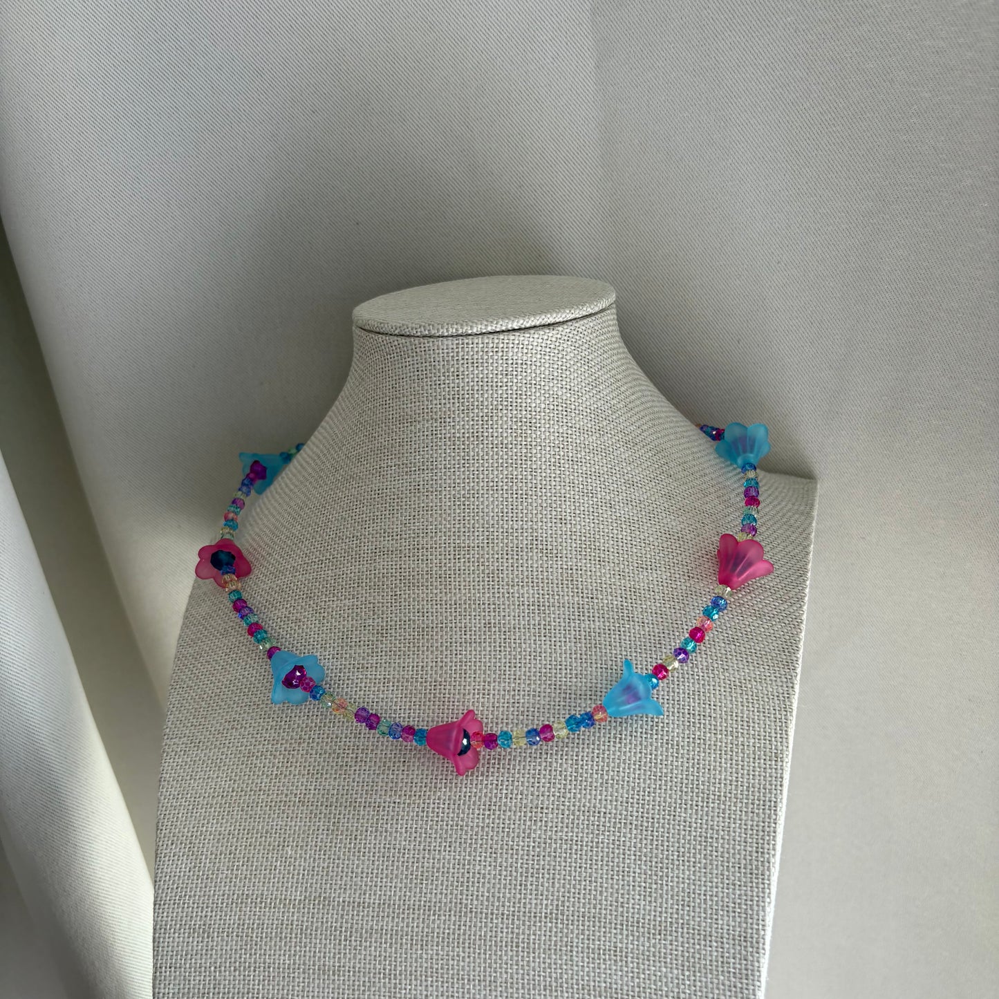 Handmade beaded pink and blue flower choker necklace