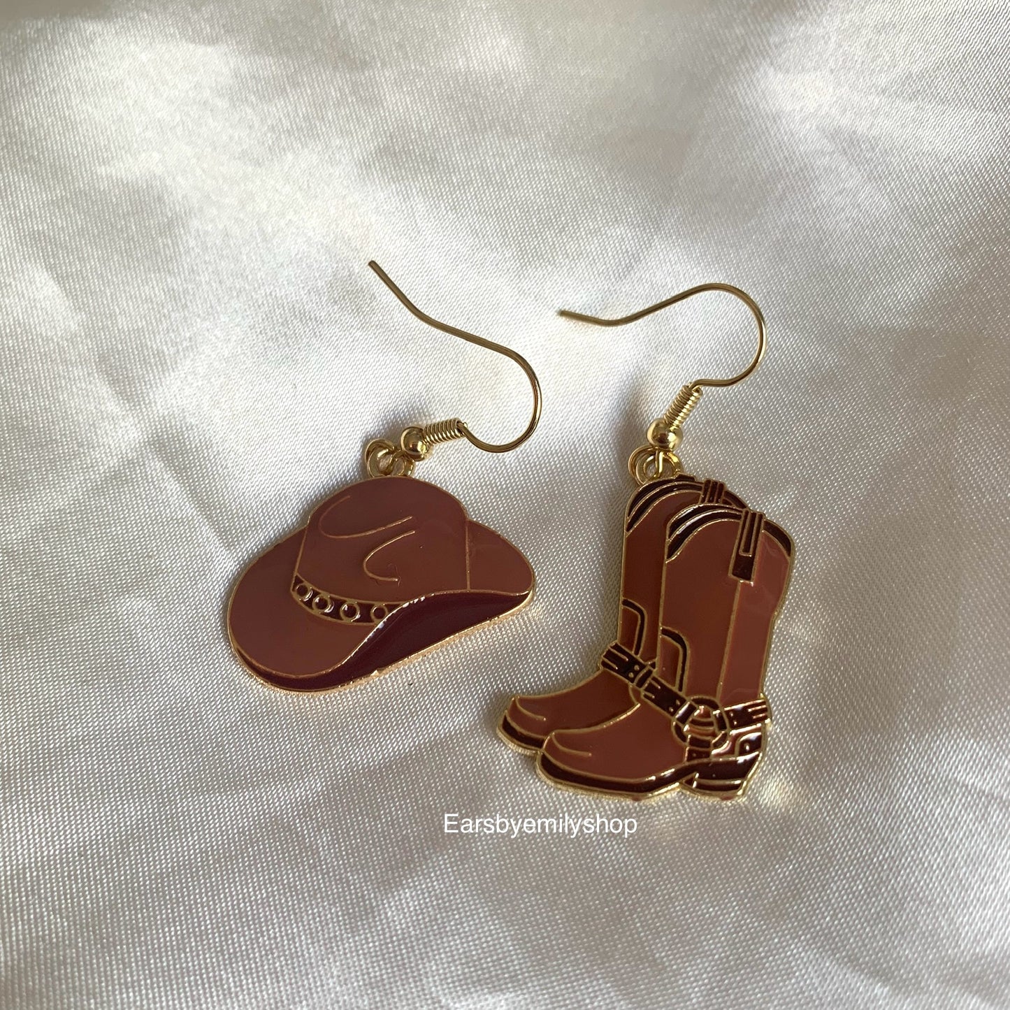 Brown cowboy boot and hat dangle gold earrings