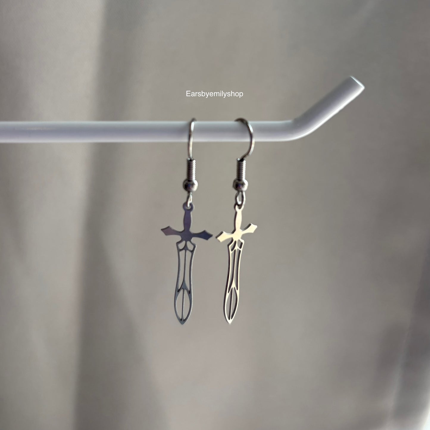 Stainless steel silver mini small sword dangle earrings