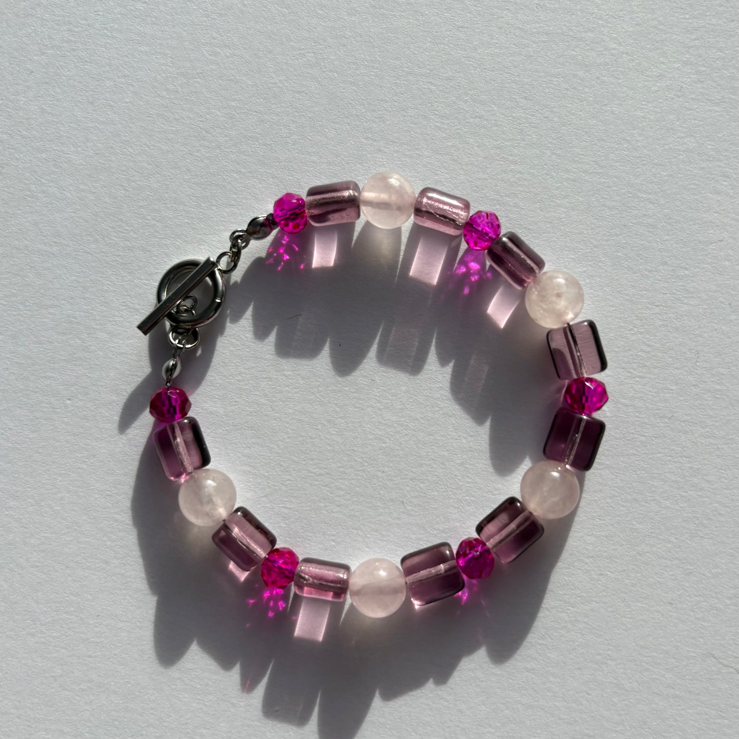 The blush bracelet - rose quartz crystals with glass charms handmade beaded