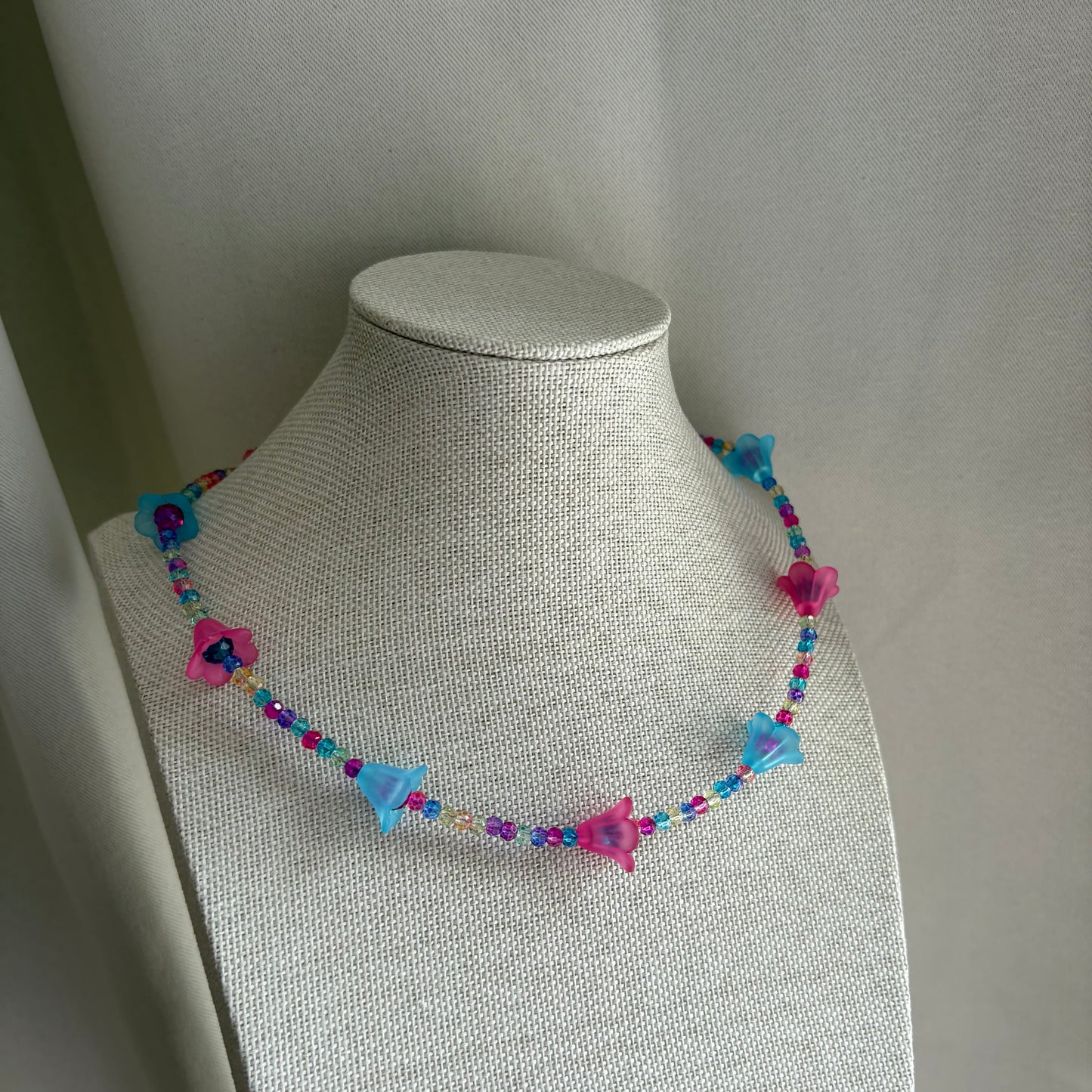 Handmade beaded pink and blue flower choker necklace