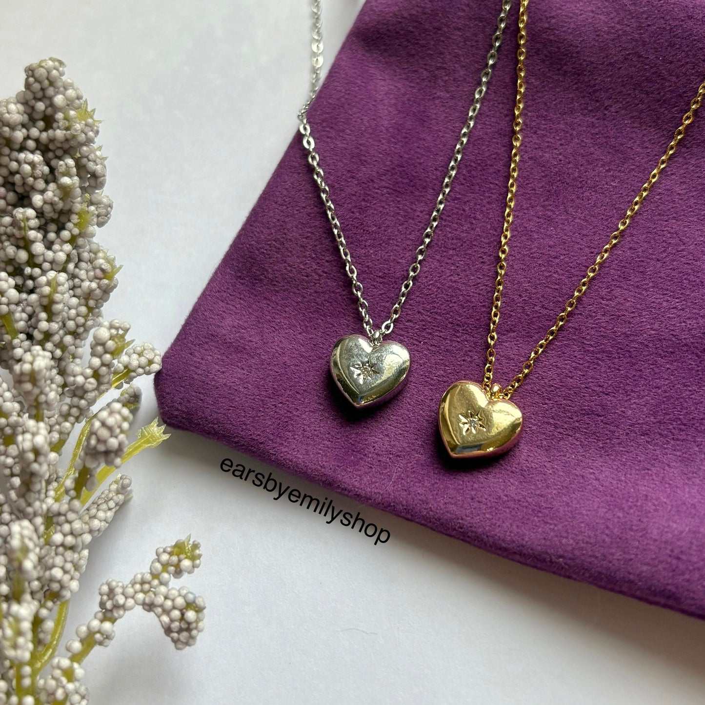 Gold or silver heart pendant with diamanté necklace