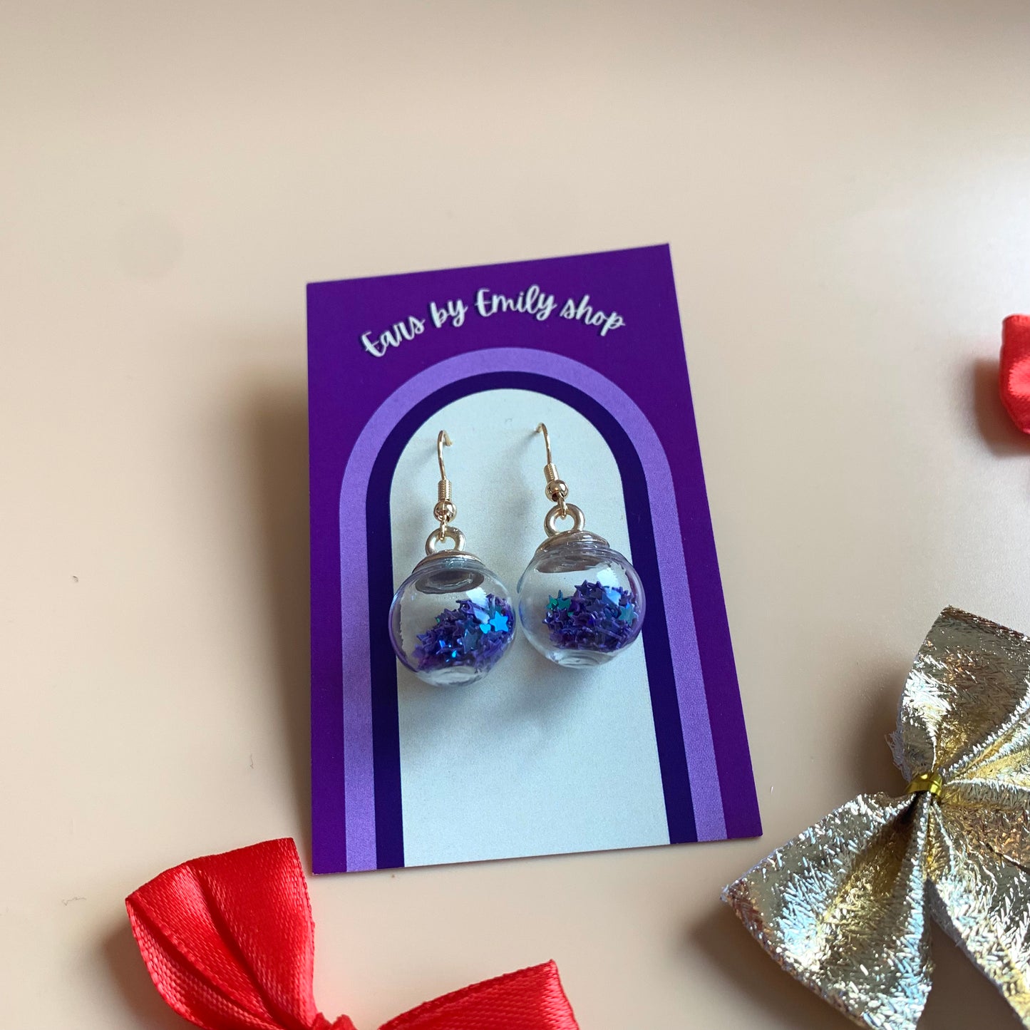 Festive blue Christmas bauble gold earrings