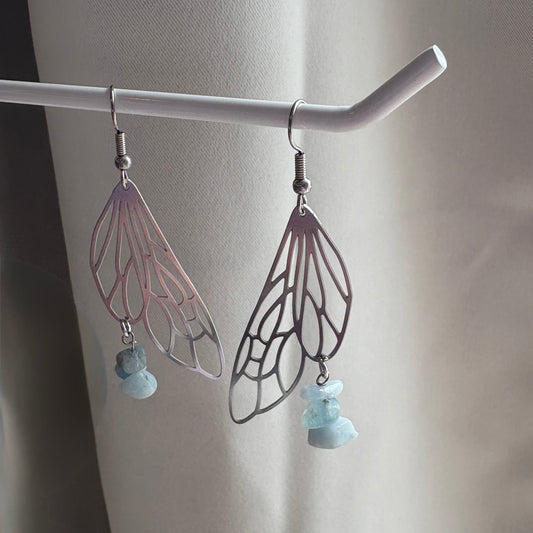 Stainless steel silver fairy wing dangle earrings with blue aquamarine crystals