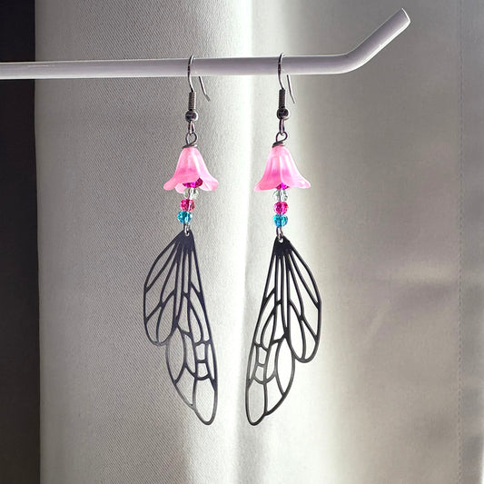 Stainless steel silver fairy wing dangle earrings with pink flowers and colourful beads
