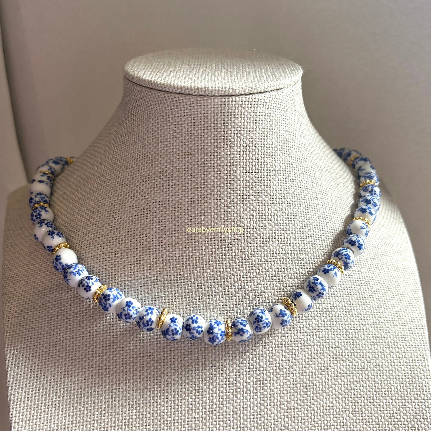 Blue and white ceramic beaded 24kt gold plated necklace