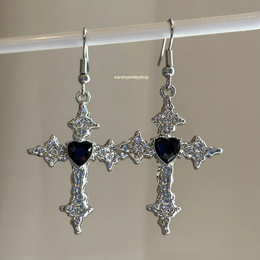 Cool silver with black heart cross drop dangle earrings on hypoallergenic surgical steel hooks