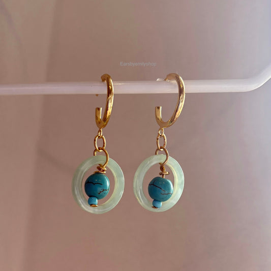 Cool gold handmade blue circle and bead studs hoop earrings