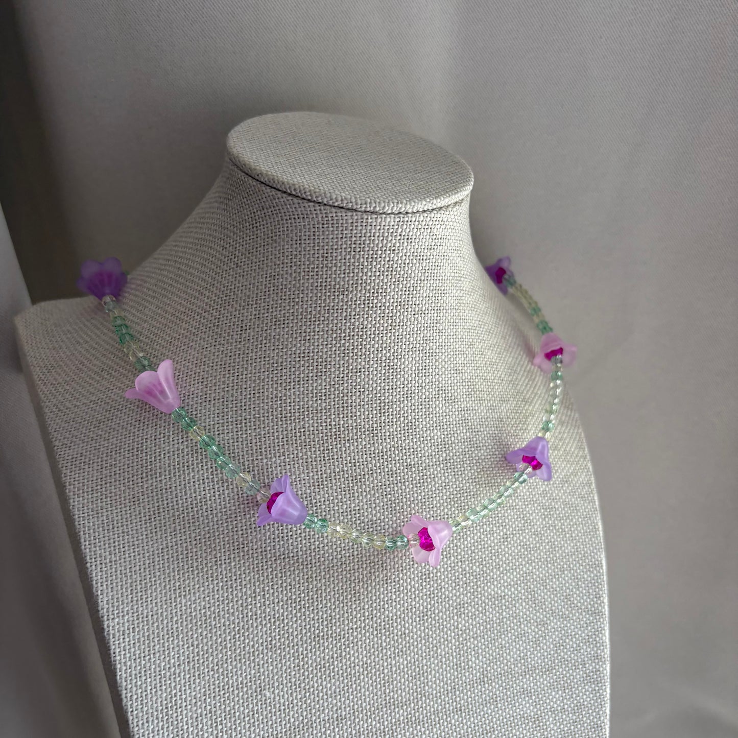 Handmade beaded pink purple and green flower choker necklace