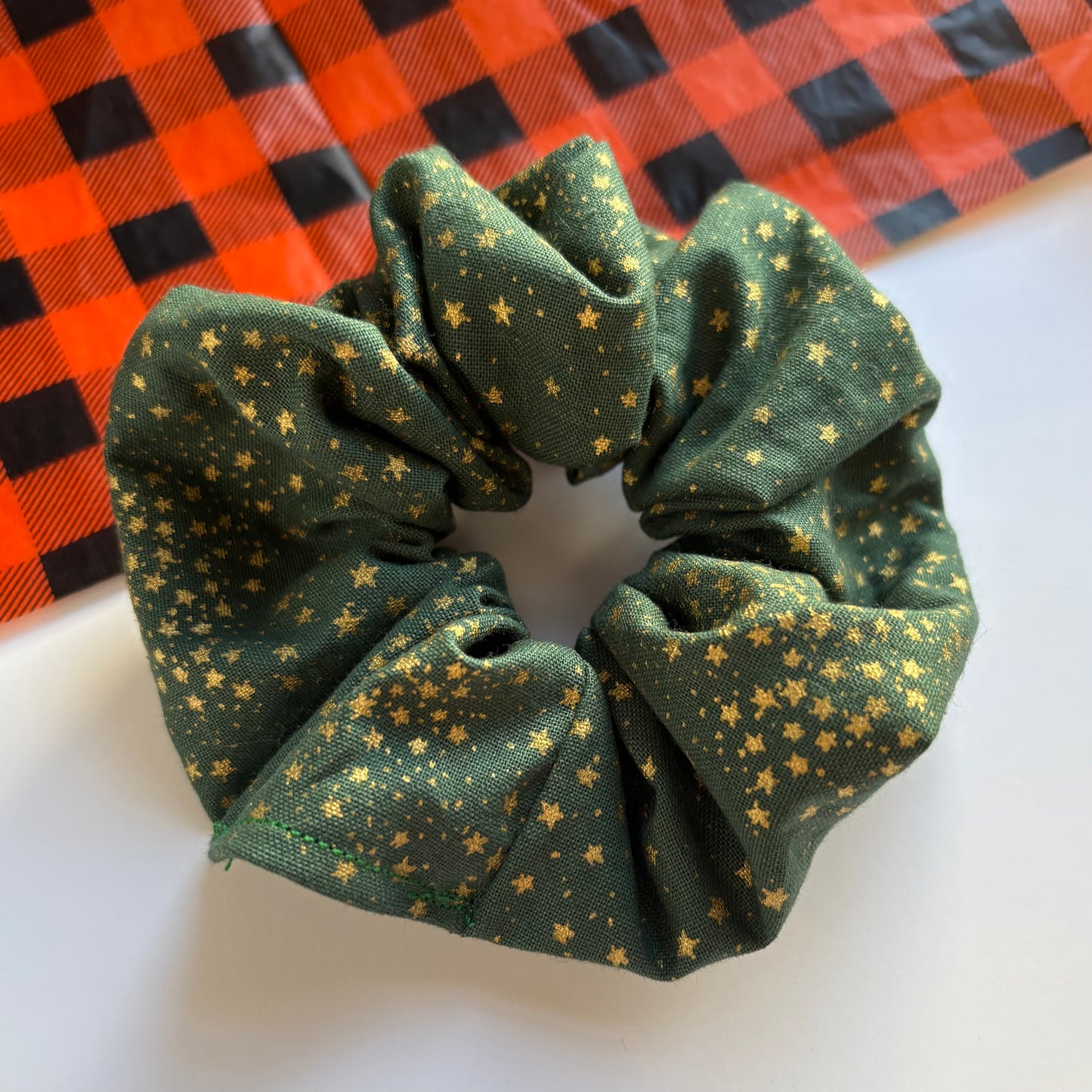Green or red with gold glitter star Christmas large cotton scrunchie