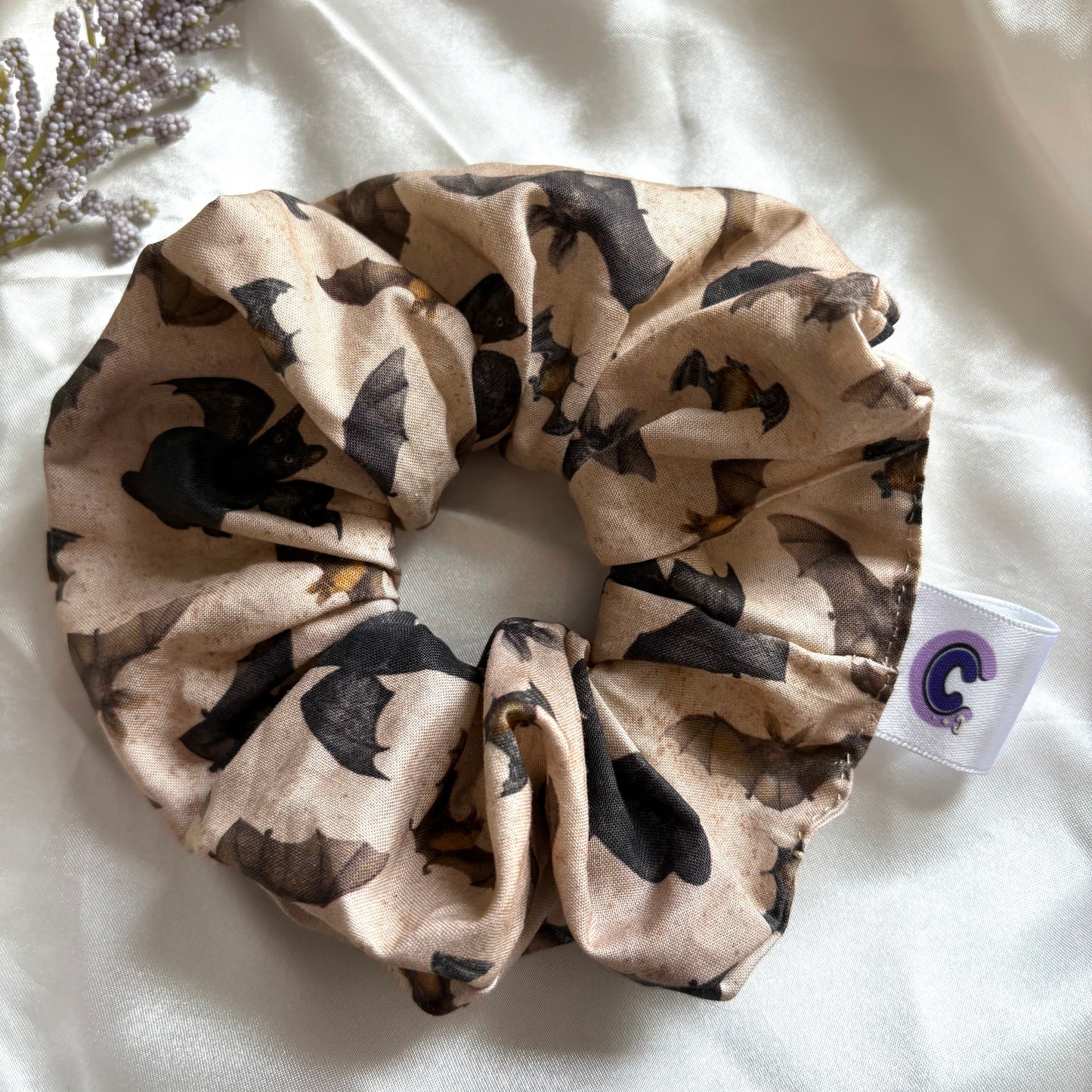Big handmade cream bat and bat cat Halloween scrunchie