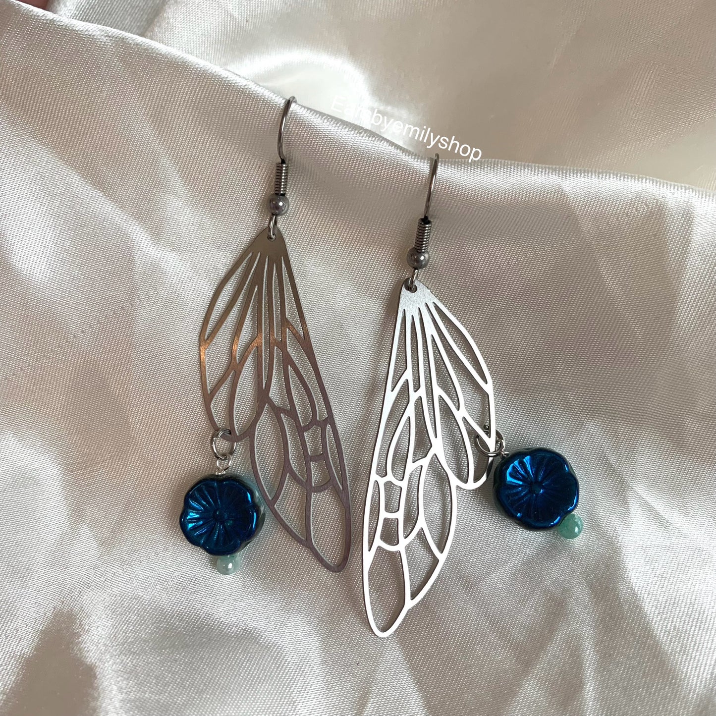 Silver stainless steel butterfly fairy wing earrings with blue flowers