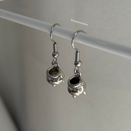 Silver cauldron dangle drop earrings