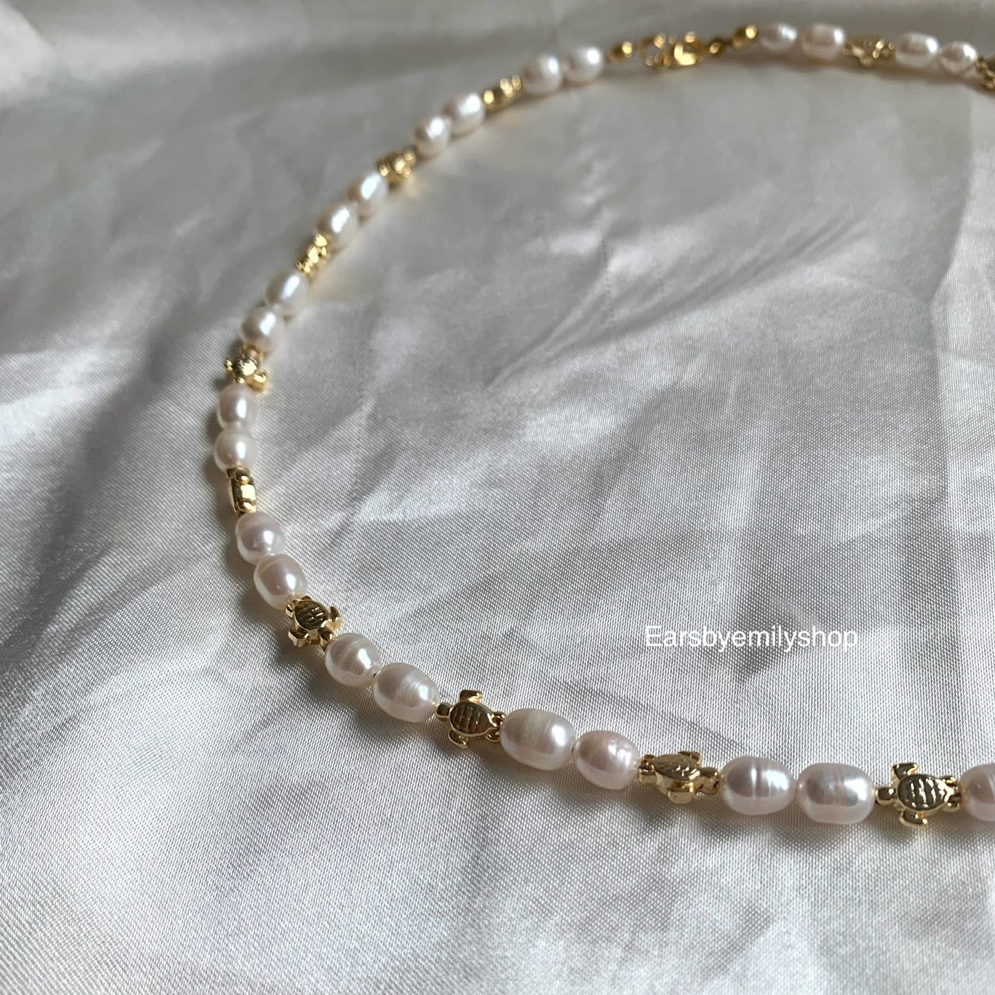 Freshwater pearl and 24kt gold plated turtle necklace