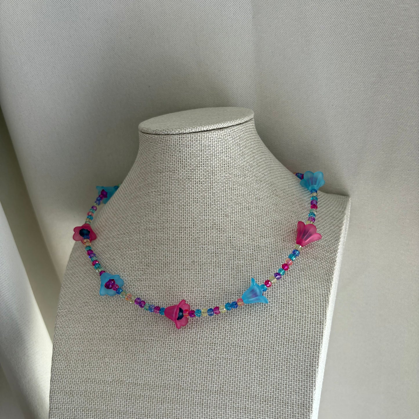 Handmade beaded pink and blue flower choker necklace