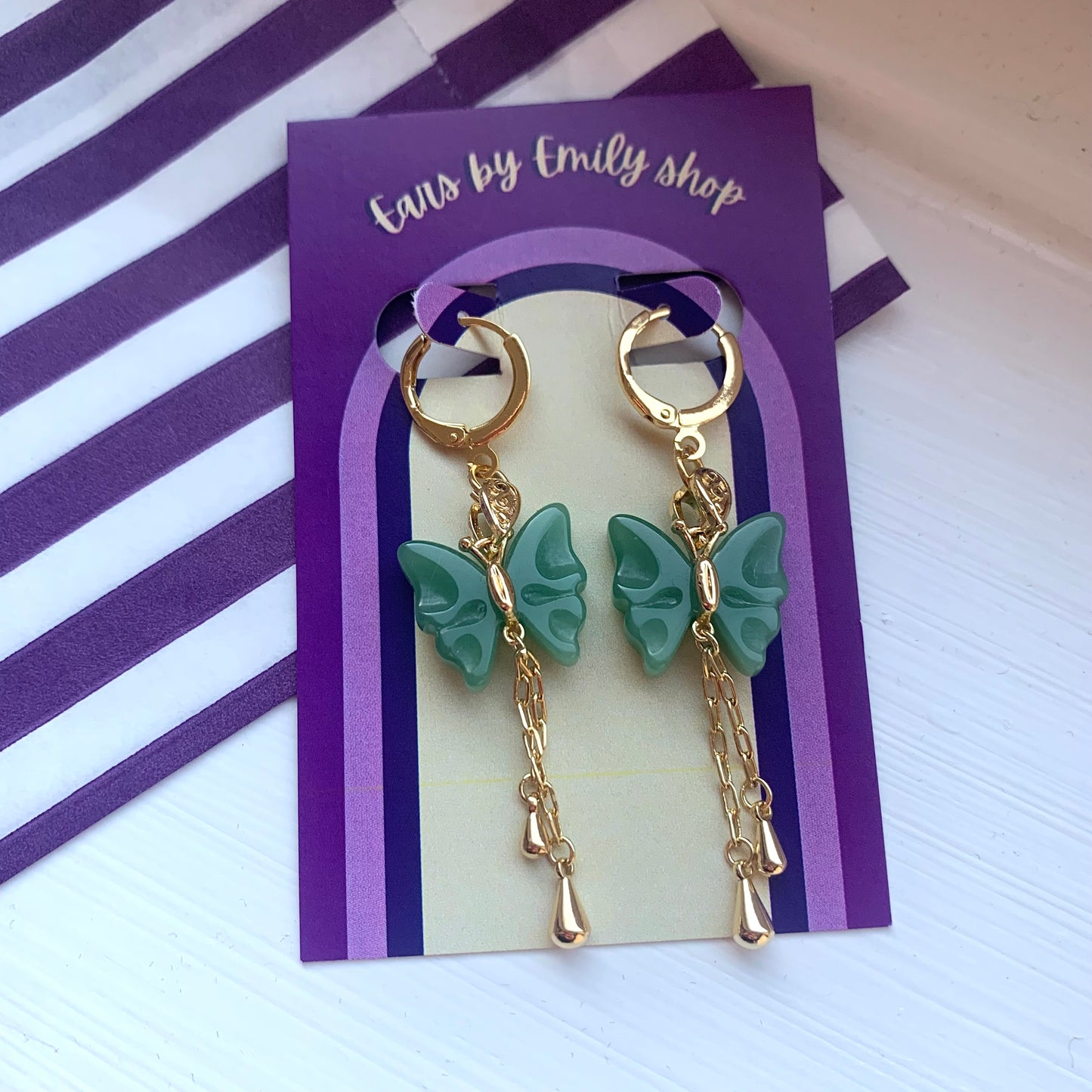 Green butterfly gold plated hoop earrings