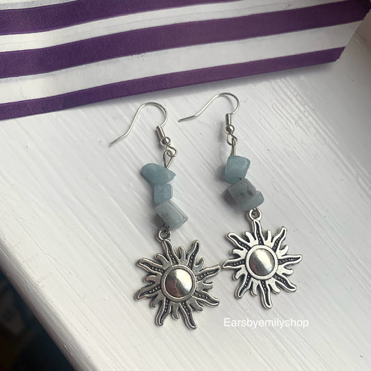 Cool quirky silver sun earrings with blue aquamarine crystal chips handmade drop dangle earrings