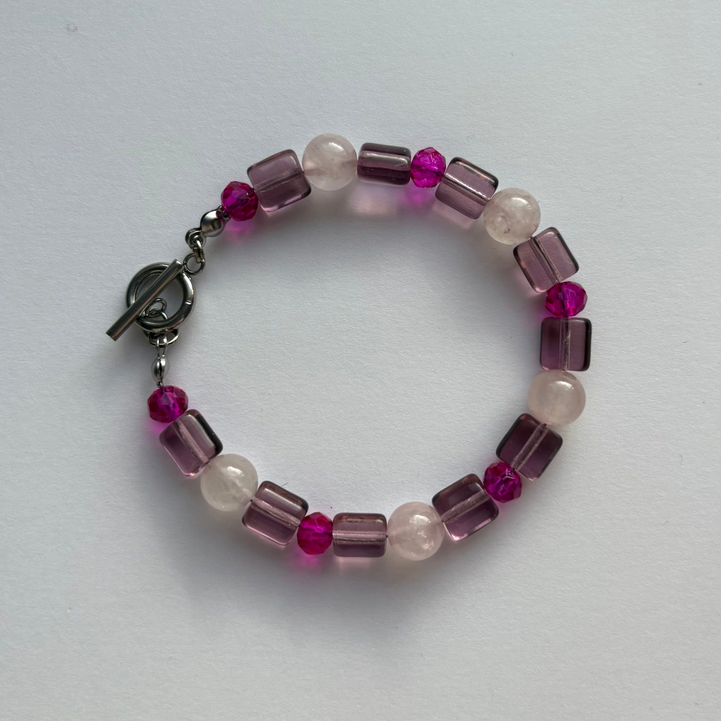 The blush bracelet - rose quartz crystals with glass charms handmade beaded