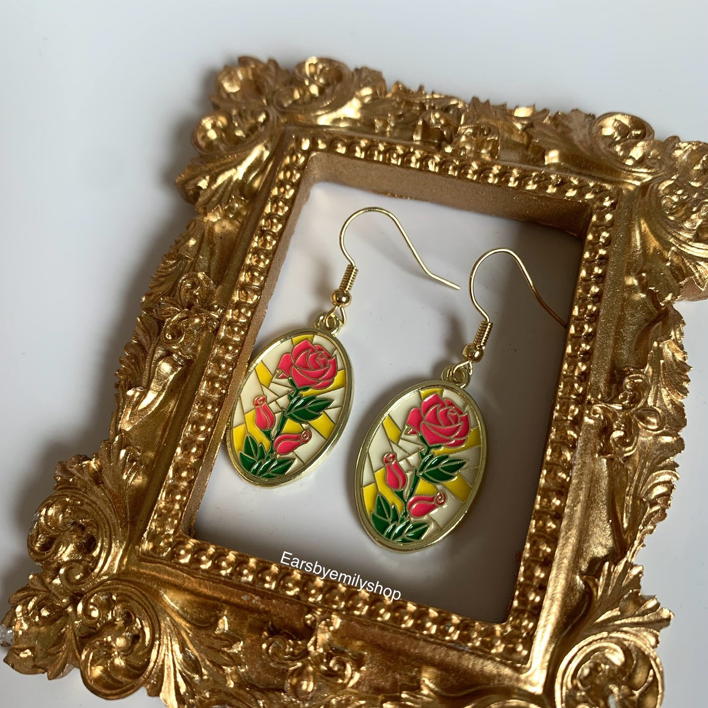 Yellow and pink rose oval mosaic gold dangle earrings