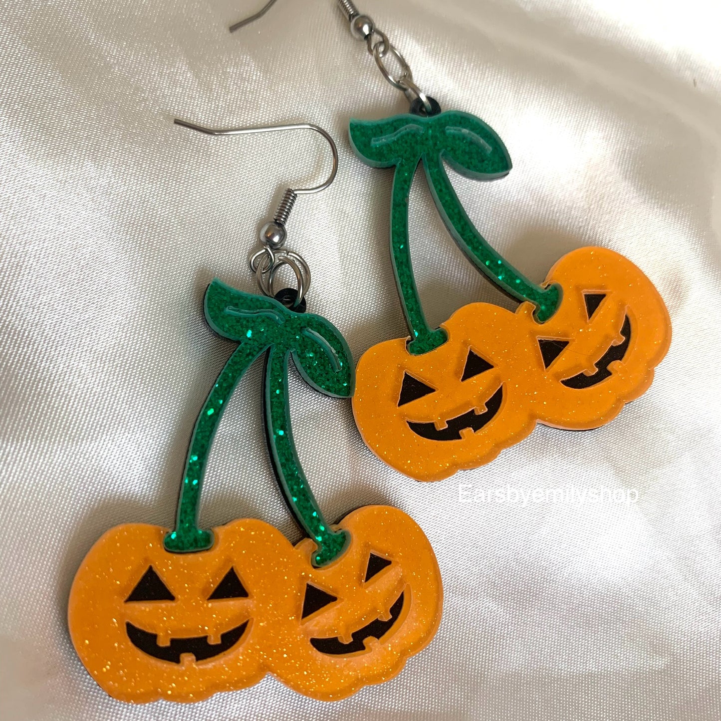 Statement pumpkin cherry glitter drop earrings