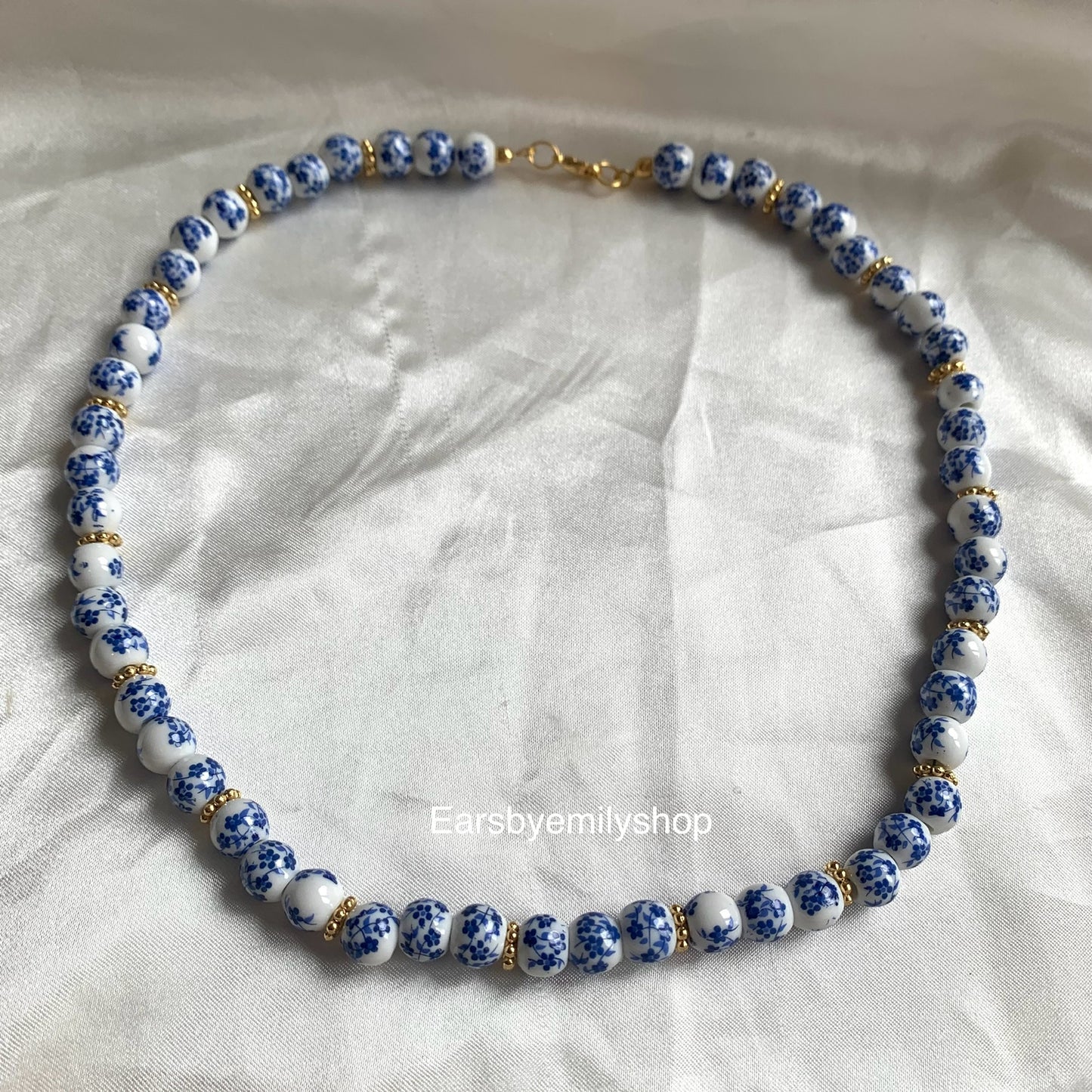 Blue and white ceramic beaded 24kt gold plated necklace