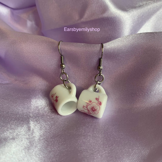 Pink and white flower porcelain rustic tea cup stainless steel earrings