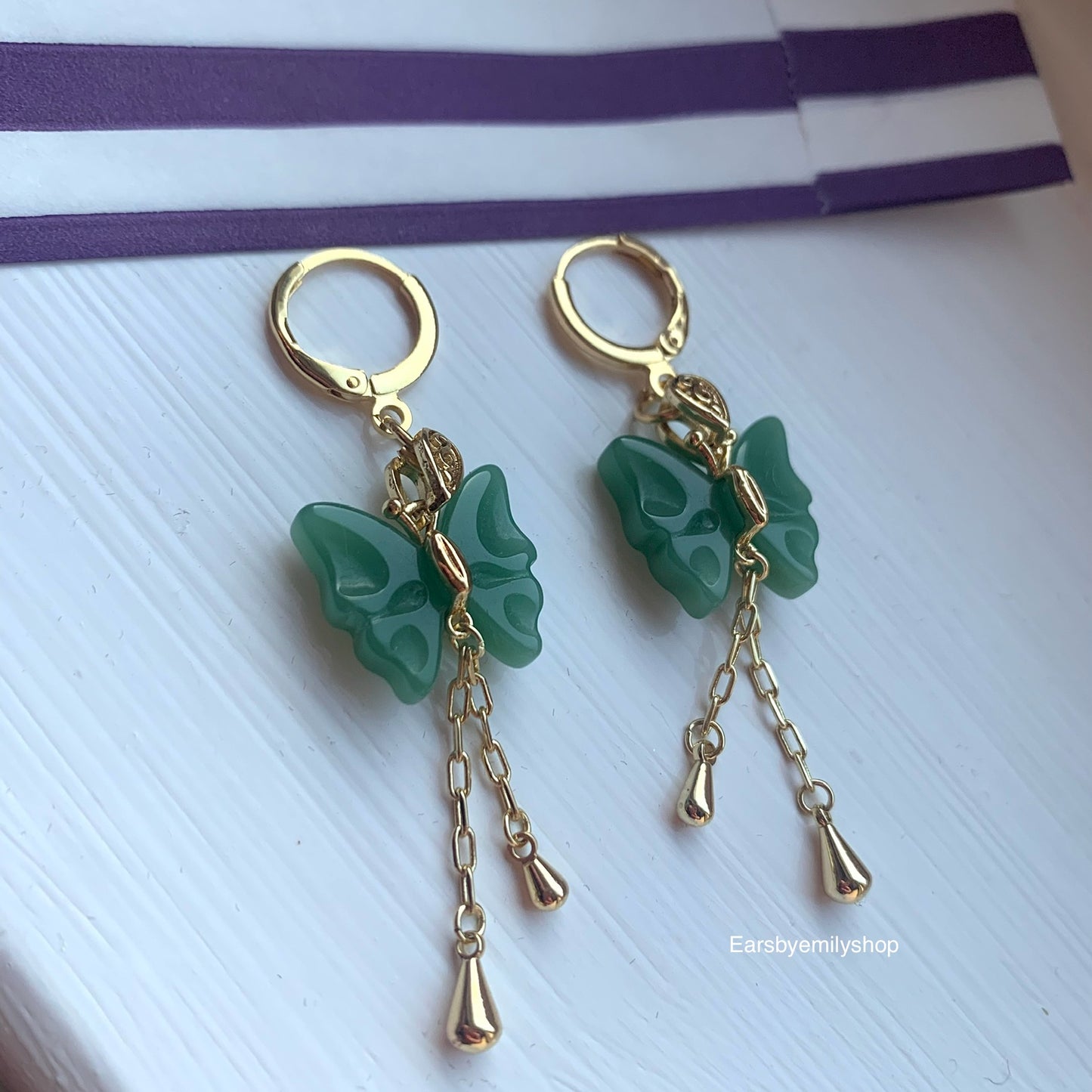 Green butterfly gold plated hoop earrings