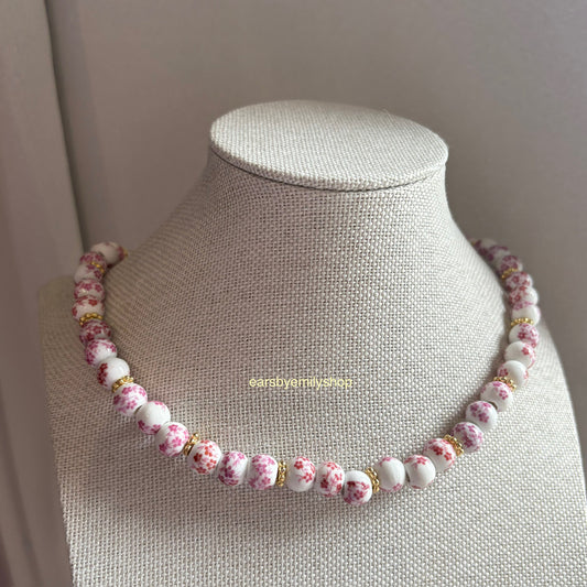 Pink and white ceramic beaded 24kt gold plated necklace