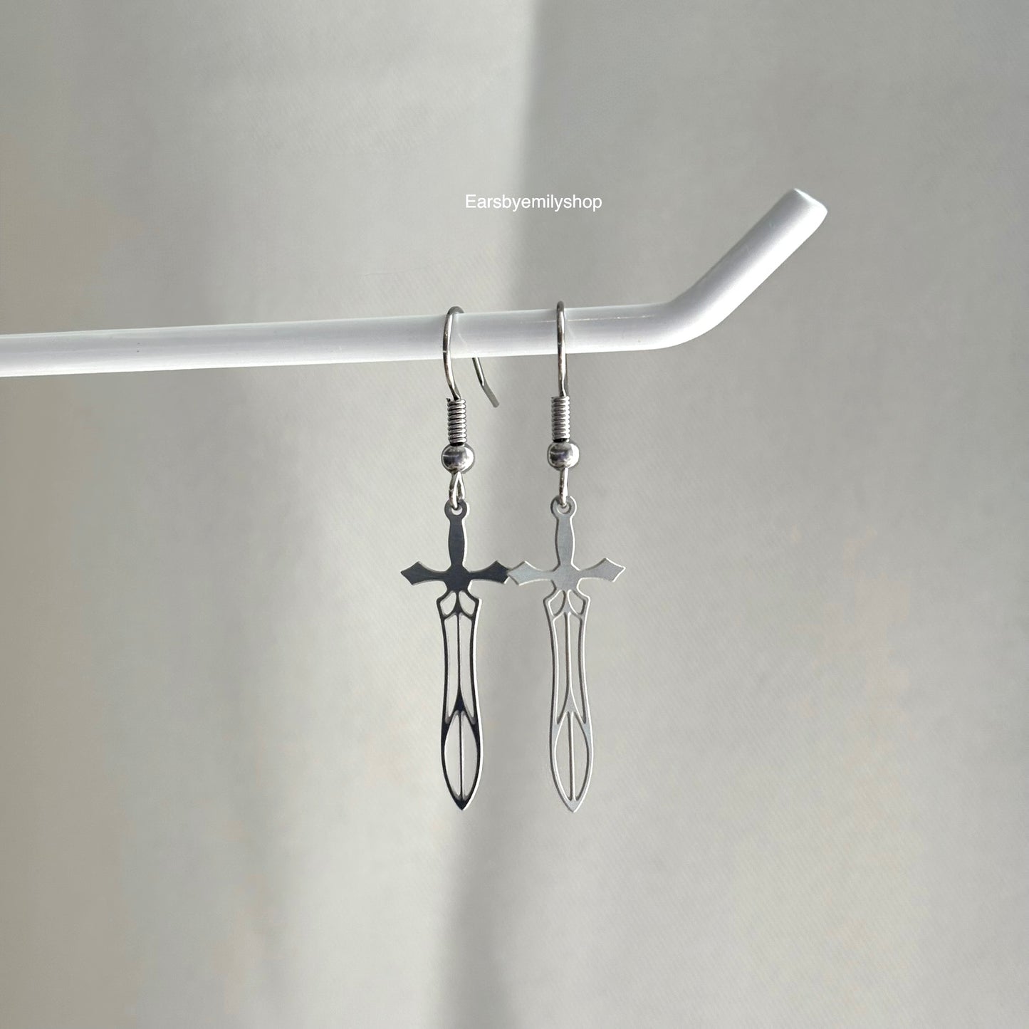 Stainless steel silver mini small sword dangle earrings