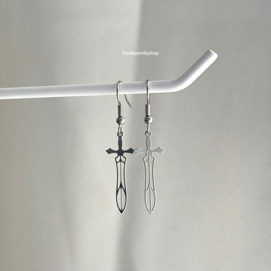 Stainless steel silver mini small sword dangle earrings
