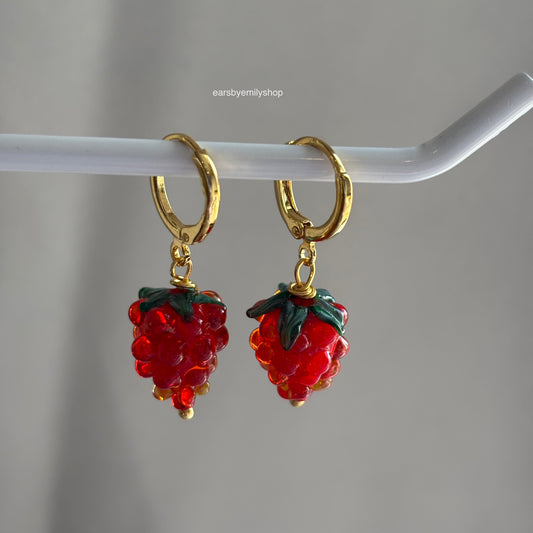 18k gold plated huggie hoop earrings with dangle glass work red and green raspberries