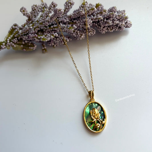 18k gold plated abalone mother of pearl rose flower necklace