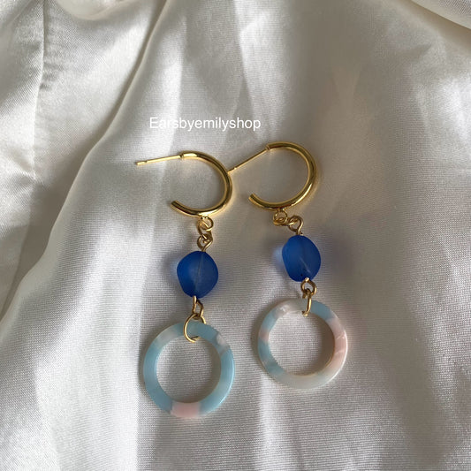 Cool gold handmade blue and pink circle and blue bead studs hoop earrings