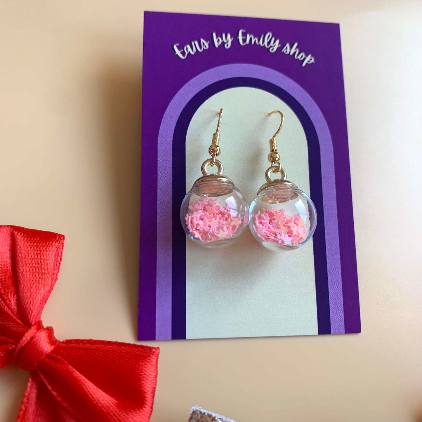 Festive pink Christmas bauble gold earrings