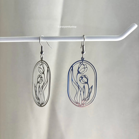 Stainless steel silver drop dangle oval tulip flower earrings
