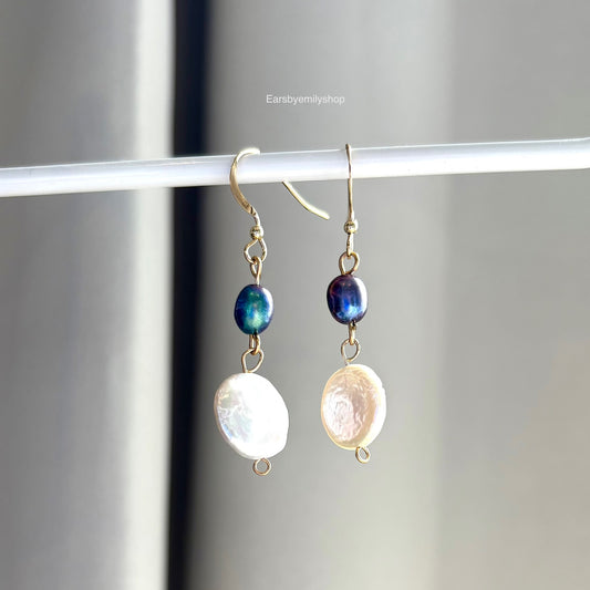 Gold filled freshwater coin and blue pearl earrings