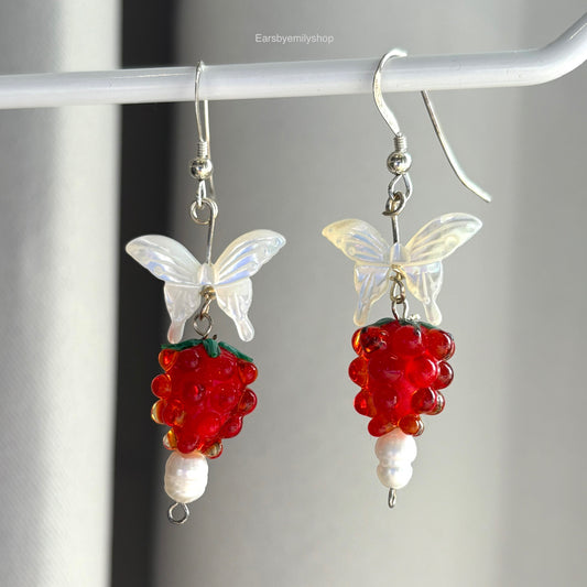 Sterling silver or gold filled mother of pearl butterfly and glass raspberry earrings